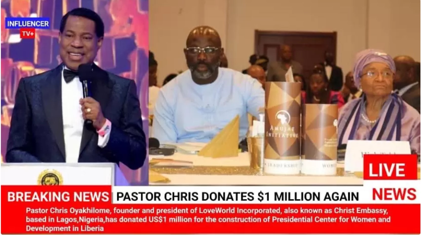 Pastor Chris Donates $1 Million To  Presidential Center for Women and Development In Liberia